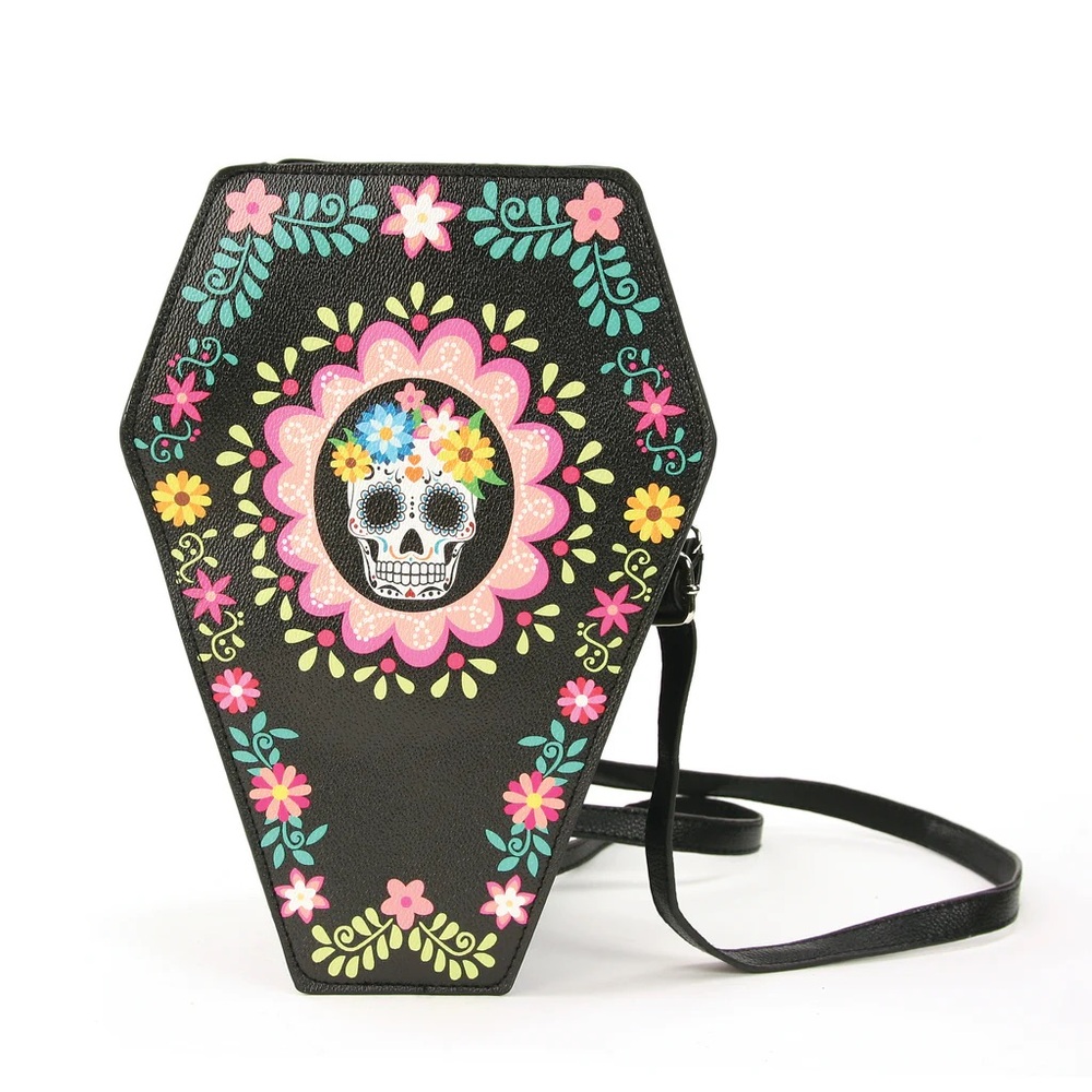 Black Coffin Crossbody Bag with Floral Skull Design